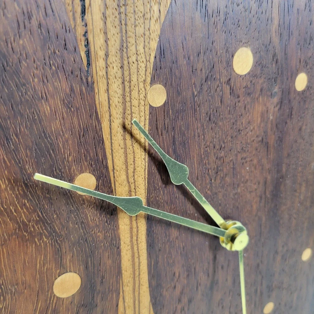 VTG Mixed Wood Wall Clock MCM Brass Hands Quartz Japan Studio Handmade Works